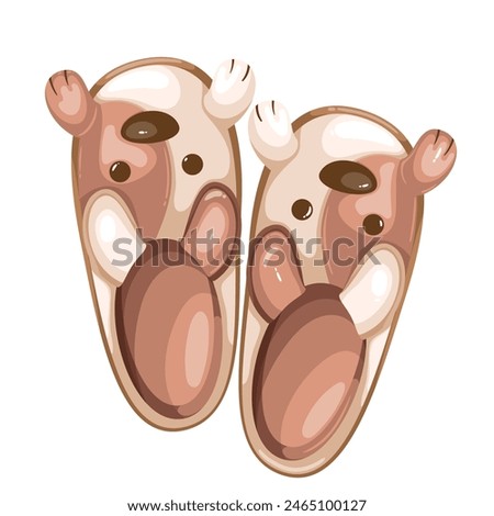 Cute home slippers with cartoon dog head and paws. Funny comfortable furry puppy face on pair slippers, kids shoes mascot, cartoon top view of doggie muzzle on fluffy footwear vector illustration