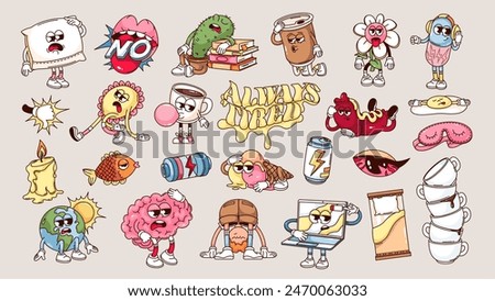 Groovy cartoon characters with tired faces set. Funny retro cute sleepy emoticons and tired personages, insomnia and tiredness mascots, cartoon typography sticker of 70s 80s style vector illustration