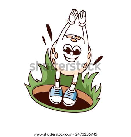 Groovy golf ball cartoon character jumping into round hole. Funny retro falling ball of golfer with funky smile, golf club and tournament mascot, cartoon sticker of 70s 80s style vector illustration