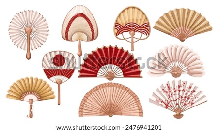 Chinese and Japanese cartoon fans set. Red, white and gold paper retro open fans collection, tradition of Japan mascots, cartoon traditional oriental souvenir and decoration vector illustration