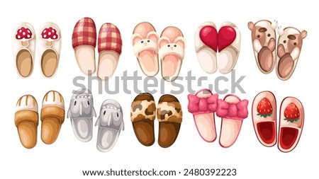 Cute slippers set, cartoon home footwear. Funny models with animal faces and heart parts, camouflage and checkered pattern. Pajama party mascot, cartoon slippers collection vector illustration