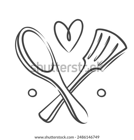 Chefs spoon and spatula icon with heart, restaurant retro logo design. Funny doodle professional chef tools for kitchen. Hand drawn catering service elements, love for cooking icon vector illustration