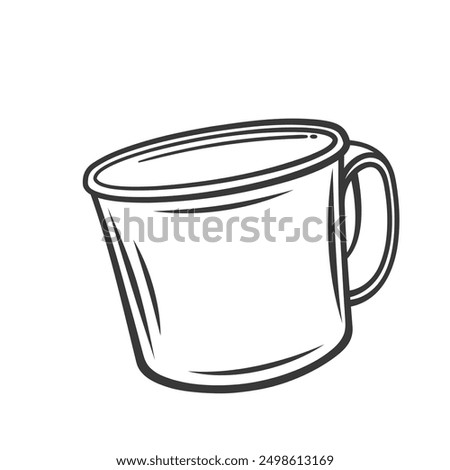 Metal tourist mug line icon. Hand drawn retro cup with handle, steel or tin pot for water, hot tea or coffee. Camp tool, hiking mascot, outline old camping enamel mug icon vector illustration