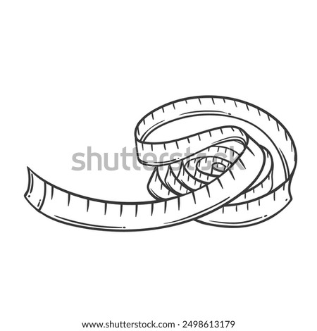 Tailor tape roll line icon. Hand drawn retro professional dressmaker tool, rounded ruler to measure dimensions in centimeters. Sewing, fitness mascot, doodle flexible tape icon vector illustration