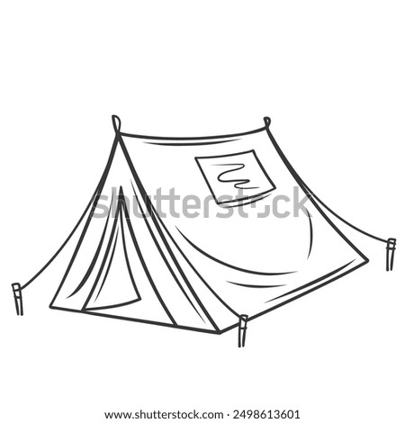 Camping tent line icon. Hand drawn retro campsite shelter with window and open door, equipment. Summer camp house, outdoor adventure mascot, outline canvas tent on pegs icon vector illustration