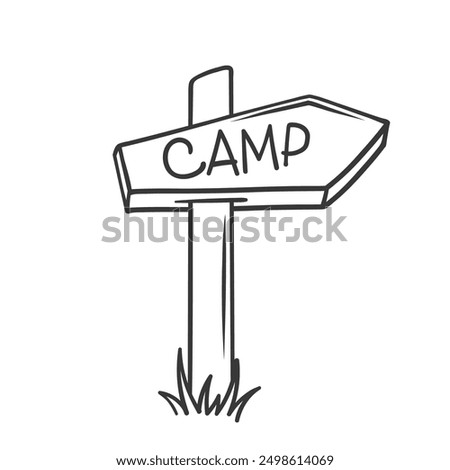 Signpost with text Camp line icon. Hand drawn retro wooden sign with arrow, information post on hiking trail in woods. Camping, summer hike mascot, outline signboard pointer icon vector illustration