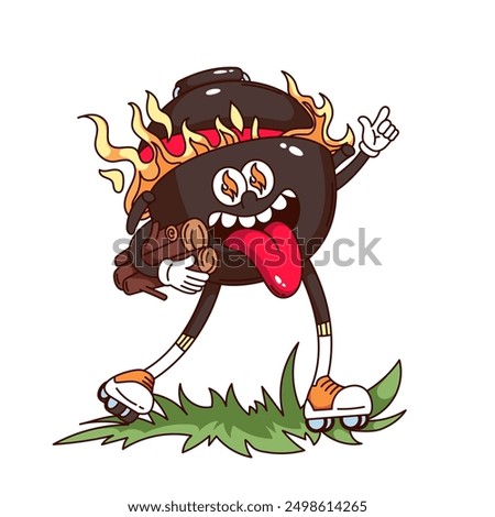 Groovy BBQ grill cartoon character on roller skates. Funny retro metal barbecue oven holding firewood, picnic party mascot, cartoon roaster grill with fire sticker of 70s 80s style vector illustration