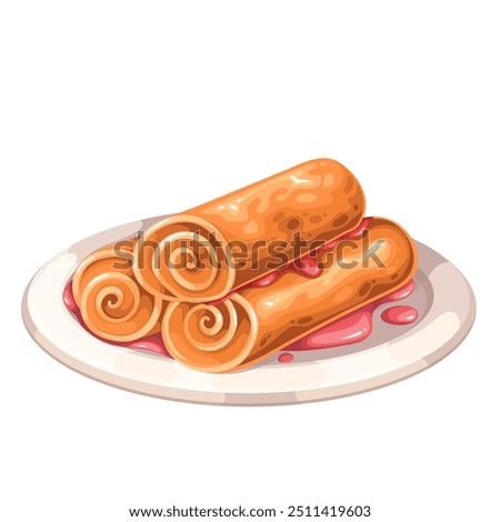 Pancake rolls stack with strawberry jam on cartoon plate. Serving homemade crepes with sweet red sauce. Breakfast, bakery, dessert recipe mascot, cartoon thin pancakes pile vector illustration