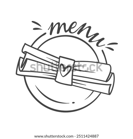 Menu text and elegant folded napkin on plate icon, restaurant retro logo design. Funny doodle serving breakfast, lunch and dinner. Hand drawn round food menu, catering service icon vector illustration