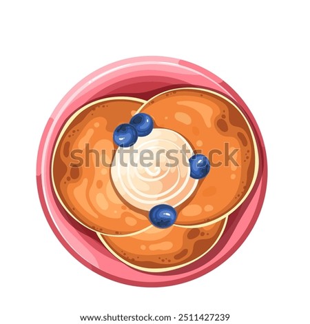 Pancakes on cartoon plate with cream and blueberry, top view. Dessert portion with sweet sauce swirl and berry for breakfast. Morning food mascot, cartoon gourmet pancakes stack vector illustration