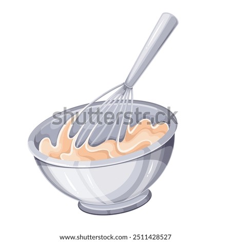 Whipping cartoon cake cream with metal whisk in bowl. Making whipped cream by pastry chef. Cooking process with utensils, confectionery mascot, cartoon sweet mousse preparation vector illustration