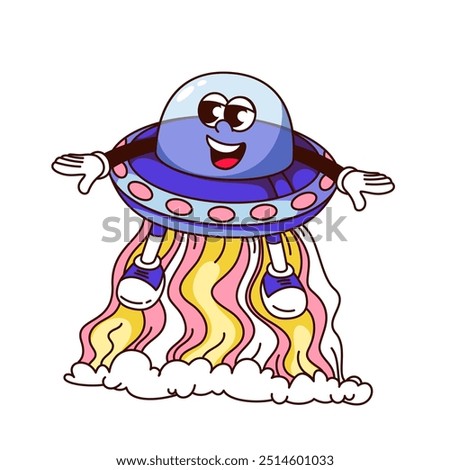 Groovy UFO cartoon character flying. Funny retro alien spaceship taking off with psychedelic wave pattern on fire tail. Space mascot, cartoon funky UFO sticker of 70s 80s style vector illustration