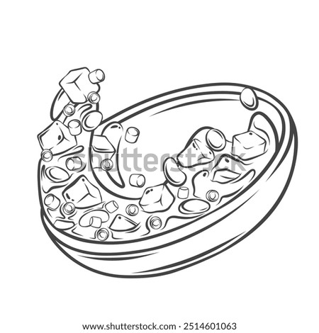 Flying tikka masala with paneer in bowl line icon. Outline paneer curry or gravy cup with tofu cubes and vegetable. Asian food mascot, hand drawn spicy vegetarian dish icon vector illustration