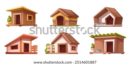 Doghouses set, cartoon wooden dogs kennels. Funny houses made of wood with fences for puppy care and shelter, cartoon collection of backyard and park comic cabins of dogs vector illustration