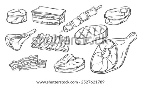 Pork and beef meat icons set. Hand drawn retro raw and BBQ steak, shish kebab on skewer and ribs, beefsteak and leg with bone. Butchers food product mascots, doodle meat icons vector illustration