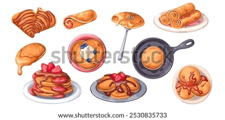 Hot cartoon pancakes set. Cereal flapjacks stack with chocolate and honey, berry jam, cake on fork. American cuisine, breakfast menu mascots, pancake portion cartoon collection vector illustration