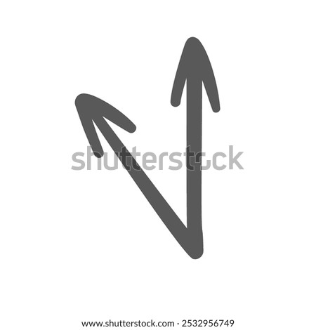 Two arrows on acute angle line icon. Outline hand drawn scribble pointers up from one point. Geometry, road junction, direction mascot, simple doodle arrows with tips up icon vector illustration