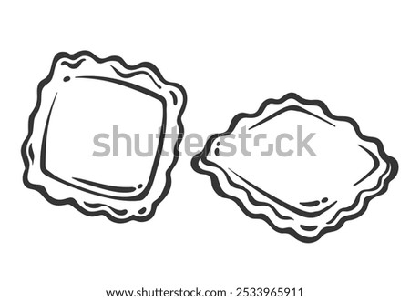 Ravioli, two dumplings line icon. Outline hand drawn stuffed thin pasta dough of square shape. Italian food mascot, simple handmade dumplings for broth or sauce, top view icon vector illustration