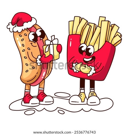 Groovy hotdog cartoon character giving Christmas gift to French fries box. Funny retro happy fast food friends. Christmas party, present mascot, cartoon sticker of 70s 80s style vector illustration