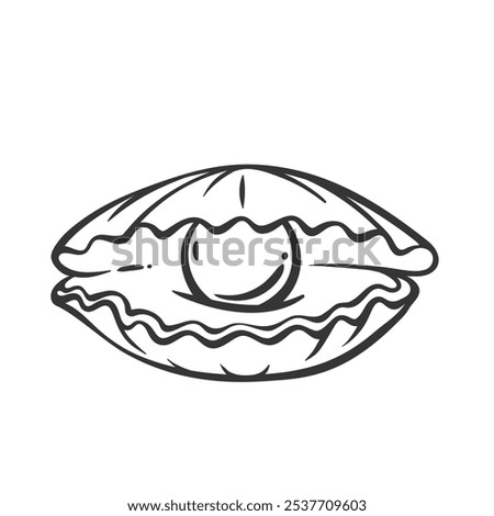 Sea shell with half open valves and pearl line icon. Outline hand drawn vintage opening underwater seashell, cockleshell. Marine animal mascot, simple clam with pearl icon vector illustration