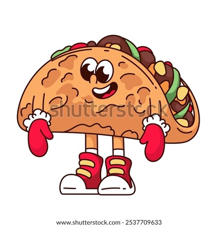 Groovy taco cartoon character in red winter mittens. Funny retro Mexican fast food mascot with happy smile, cartoon Christmas taco, tortilla and filling sticker of 70s 80s style vector illustration