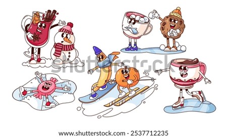 Winter activity of groovy cartoon characters set. Funny retro cookie and cup of hot drink, candy playing in snow, winter holidays mascots. Cartoon emoji collection of 70s 80s style vector illustration