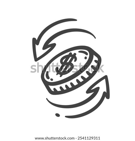 Dollar coin and circle arrows of money exchange line icon. Outline hand drawn cash money transfer, refund, bank payment. Market trade, revenue mascot, USD currency swap icon vector illustration