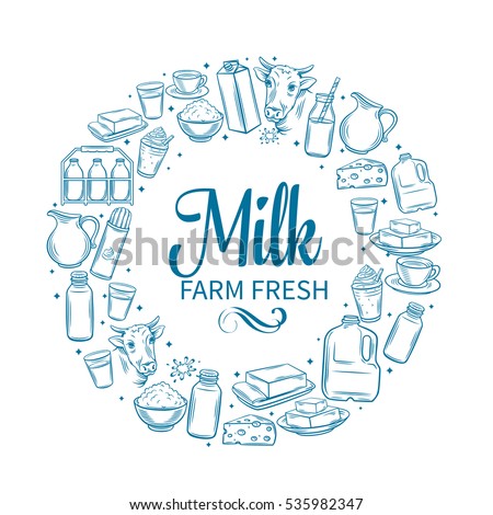 Milk product banner. Hand drawn milk vector icons set.