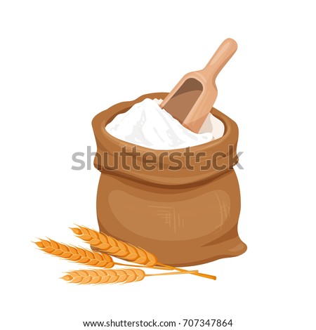 Bag of flour , shovel and ears of wheat. Vector illustration.