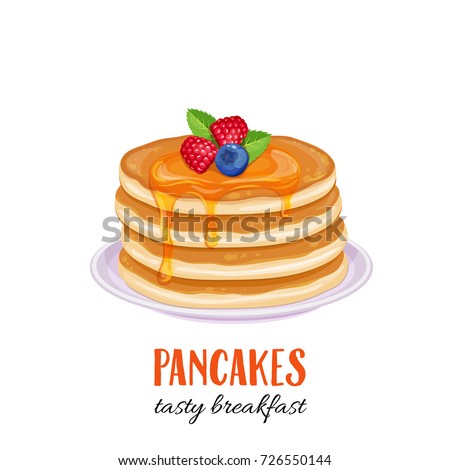 Vector pancakes illustration. Baking with syrup and blueberries and raspberries. Breakfast concept.