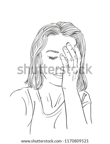 Sketch of sad and tired young woman, Hand drawn vector linear illustration