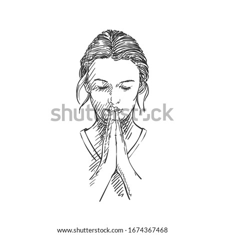 Sketch of woman praying with hands folded in worship, eyes closed in hope, Hand drawn vector illustration with hatched shades