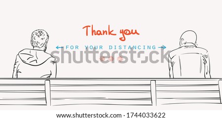 Thank you for your distancing Covid-19 banner, Stop spread coronavirus keep social distance. Two men sit on bench view from back. Hand drawn vector illustration