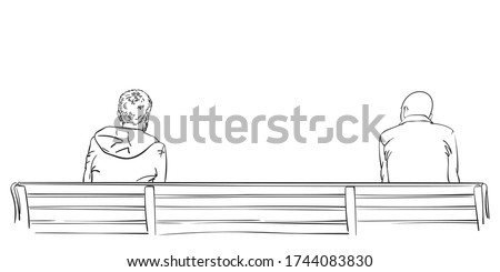 Two men sit on bench on distance from each other, view from back. Vector sketch Hand drawn illustration