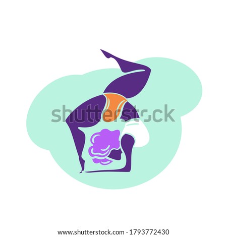Plus size yoga woman, Lady with curly hair home workout body positive. Vector illustration. One leg elbows, standing in Urdhva Dhanurasana Chakrasana Upward Bow Wheel pose. Fitness healthy lifestyle