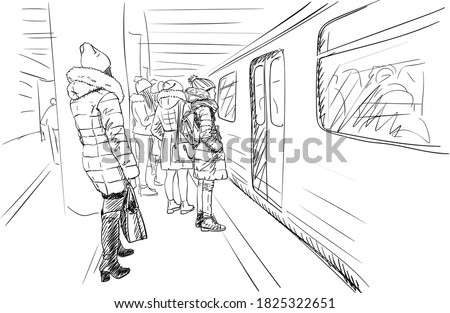 group of girls in warm winter clothes, coats and hats are standing on metro platform waiting for train open doors. City sketch vector drawing, Hand drawn illustration black on white