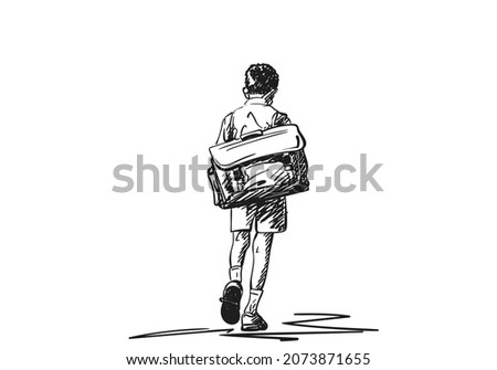 Schoolboy with large retro backpack walking away with his head down vector drawing, Hand drawn illustration on school boy from back, Black and white