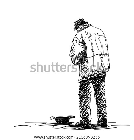 Drawing of man old beggar is begging with hat on ground. Hand drawn illustration sketch. View from back 商業照片 © 