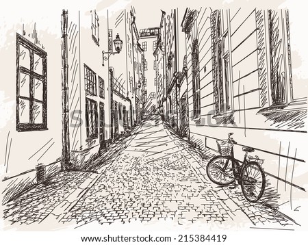 Hand drawn Street Old town Gamla Stan in Stockholm sketch Vector illustration