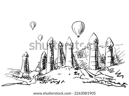 Cappadocia landscape travel sketch, Hot air balloons fly over spectacular rock formations, Nature hand drawn illustration, Love valley in Turkey