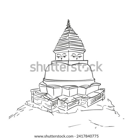 Tibetan Buddhist stupa hand drawn vector illustration, Buddhism religious symbol isolated freehand line sketch