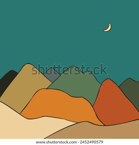 Mountain landscape at night vector illustration, Hand drawn outlines of mountains and the moon filled with different colors