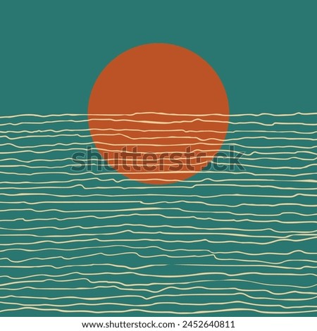 Sunset abstract vector illustration, Sun setting over the sea horizon, Hand drawn uneven parallel horizontal lines over a big orange circle on a teal color square background