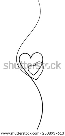 Two hearts in the middle of a vertical wavy line, Drawing with one black line on a white background