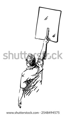 Adult man with sign board during protest, View from back Vector sketch, Hand drawn illustration