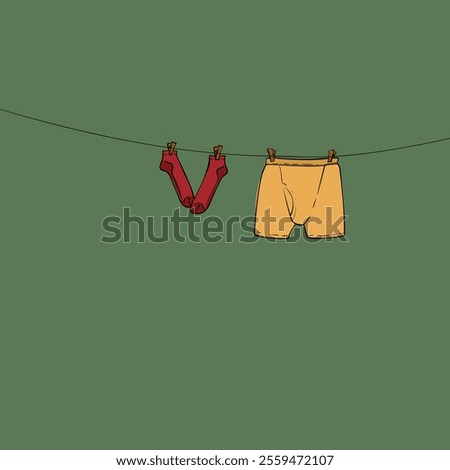 Male underwear and socks drying on a rope attached with clothespins, Hand drawn color illustration, Vector doodle