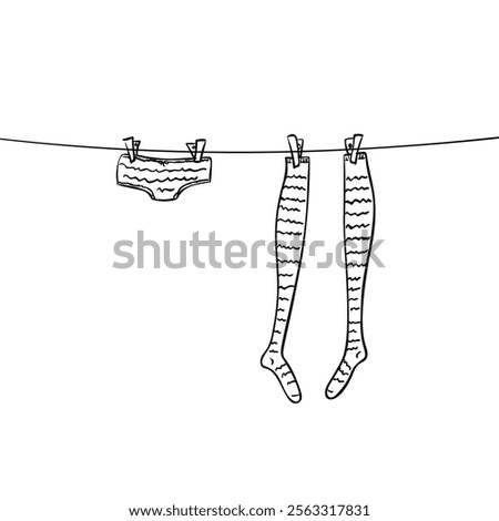 Female panty and long socks drying on a rope attached with clothespins, Hand drawn illustration, Vector sketch