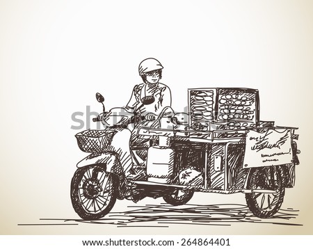 Asian street food on motorbike, Hand drawn vector sketch