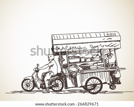 Asian street food restaurant with motorbike, Hand drawn vector sketch