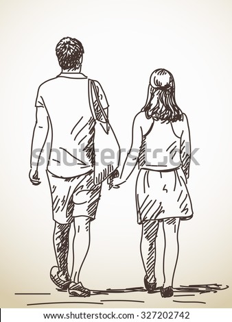 Walking Couple Back View Vector Sketch Hand Drawn Illustration ...